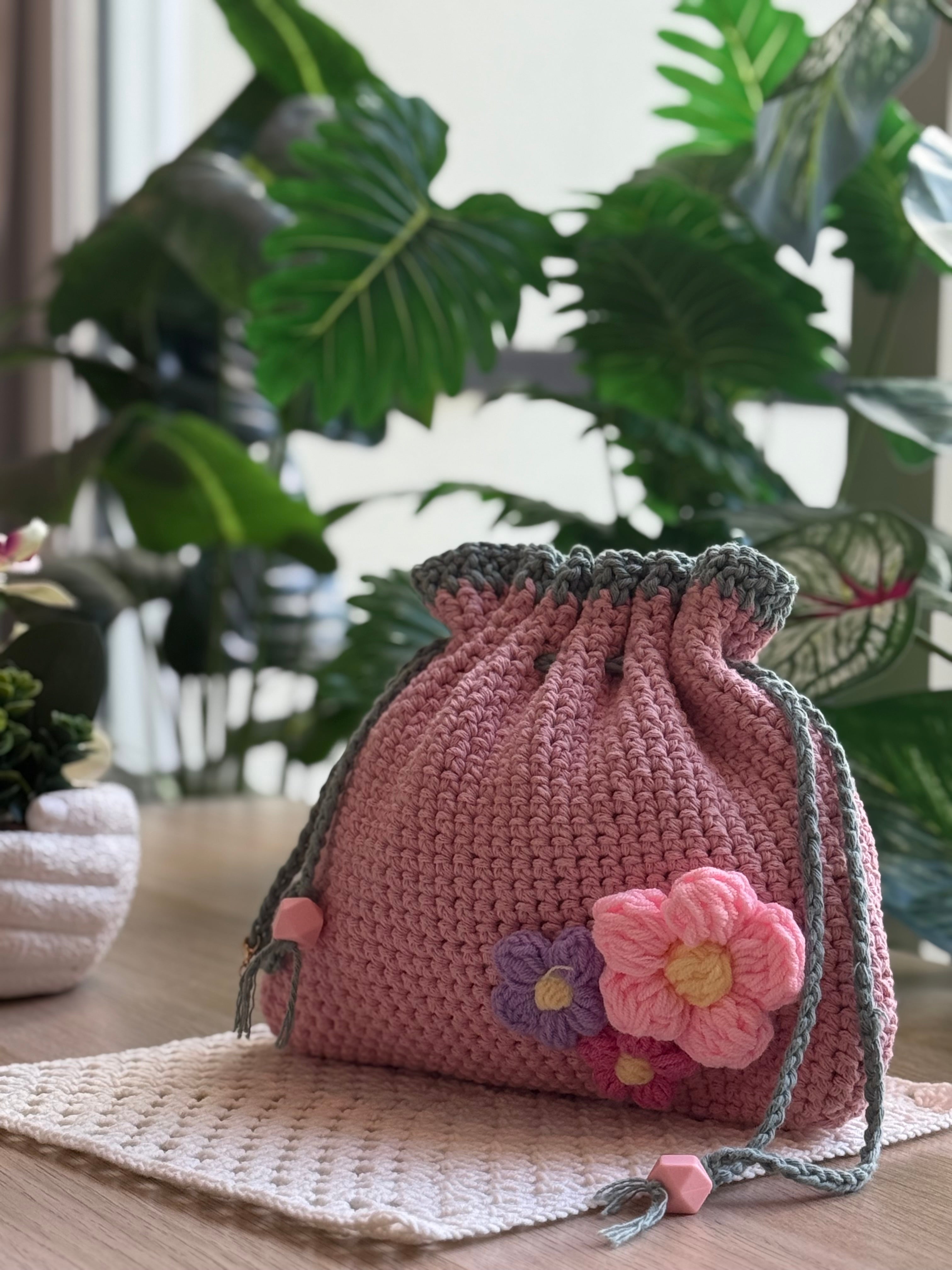 Pink Blossom Crochet Mini Bucket Bag
