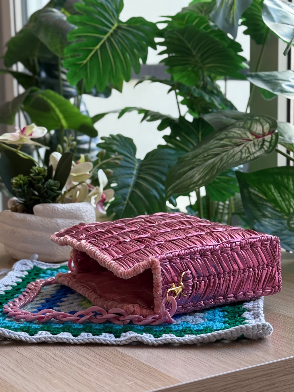 Rosé Woven Square Crochet Basket Bag