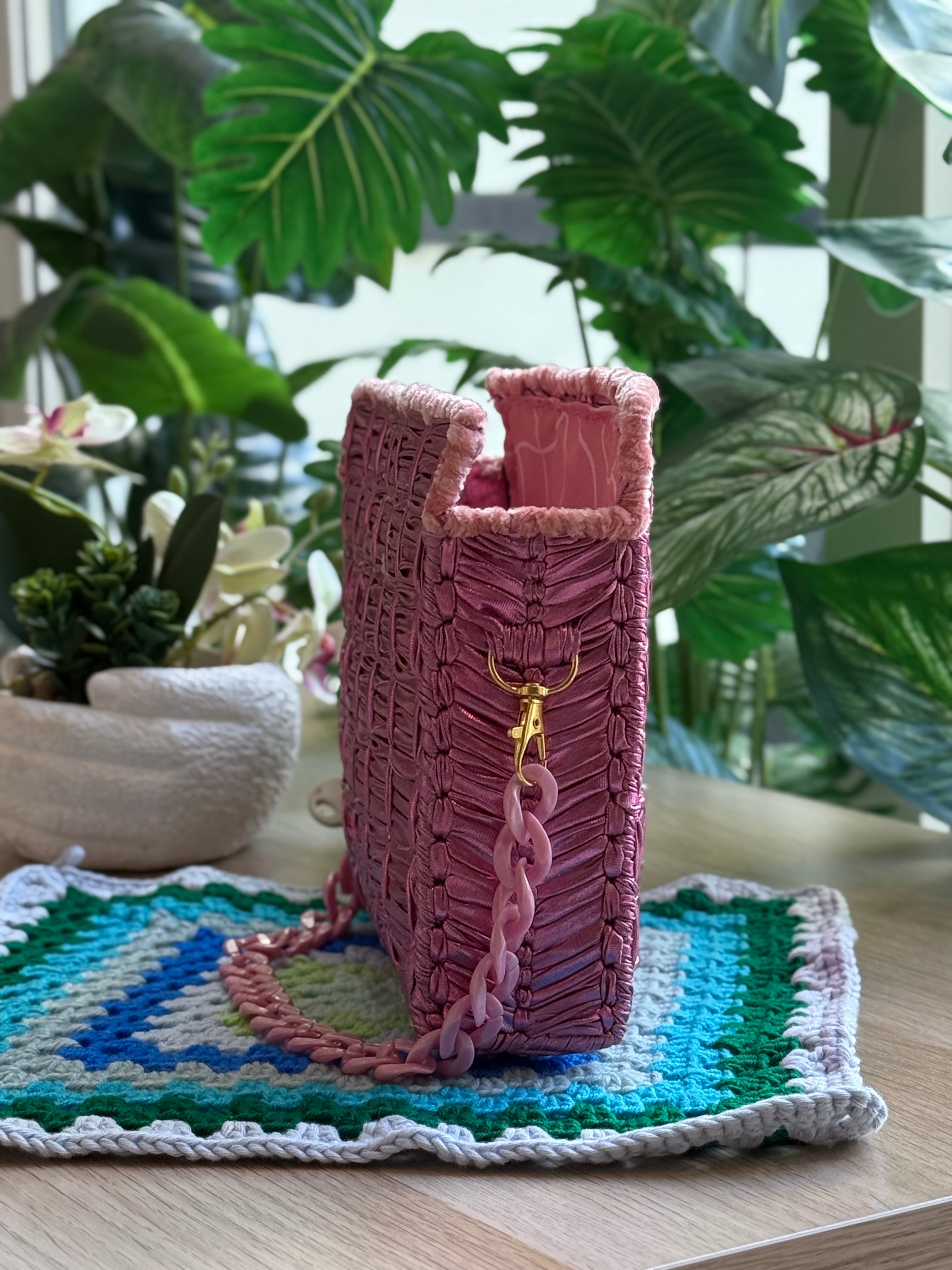 Rosé Woven Square Crochet Basket Bag
