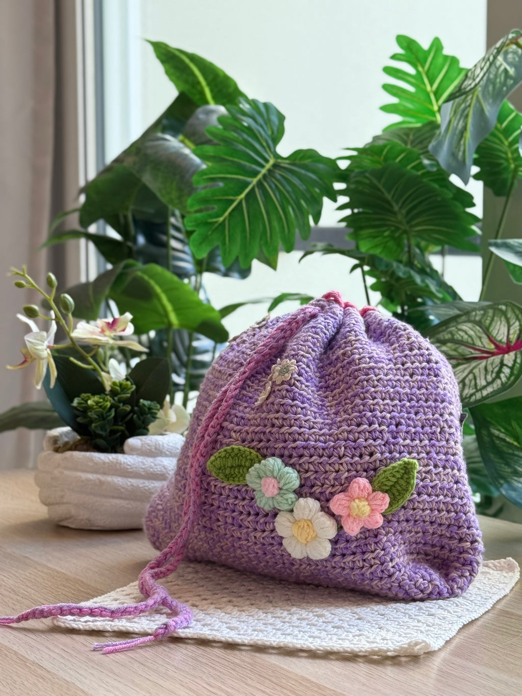 Lavender Bloom Crochet Drawstring Pouch