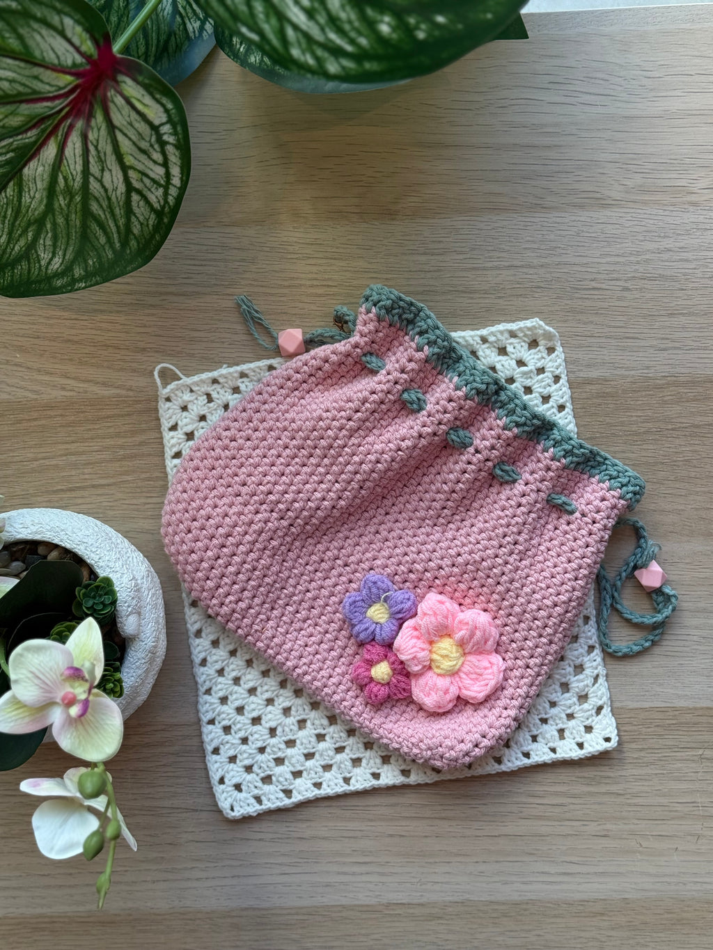 Pink Blossom Crochet Mini Bucket Bag