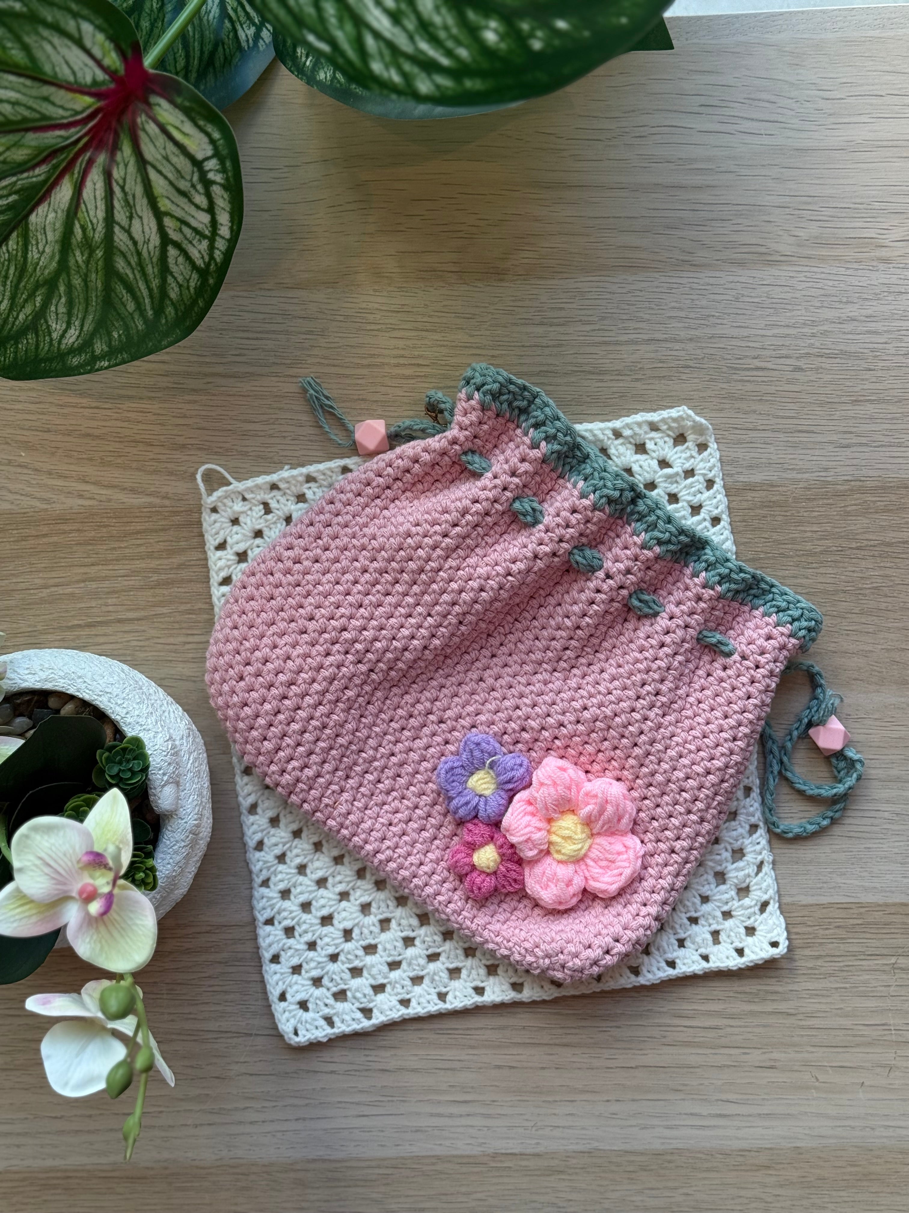 Pink Blossom Crochet Mini Bucket Bag