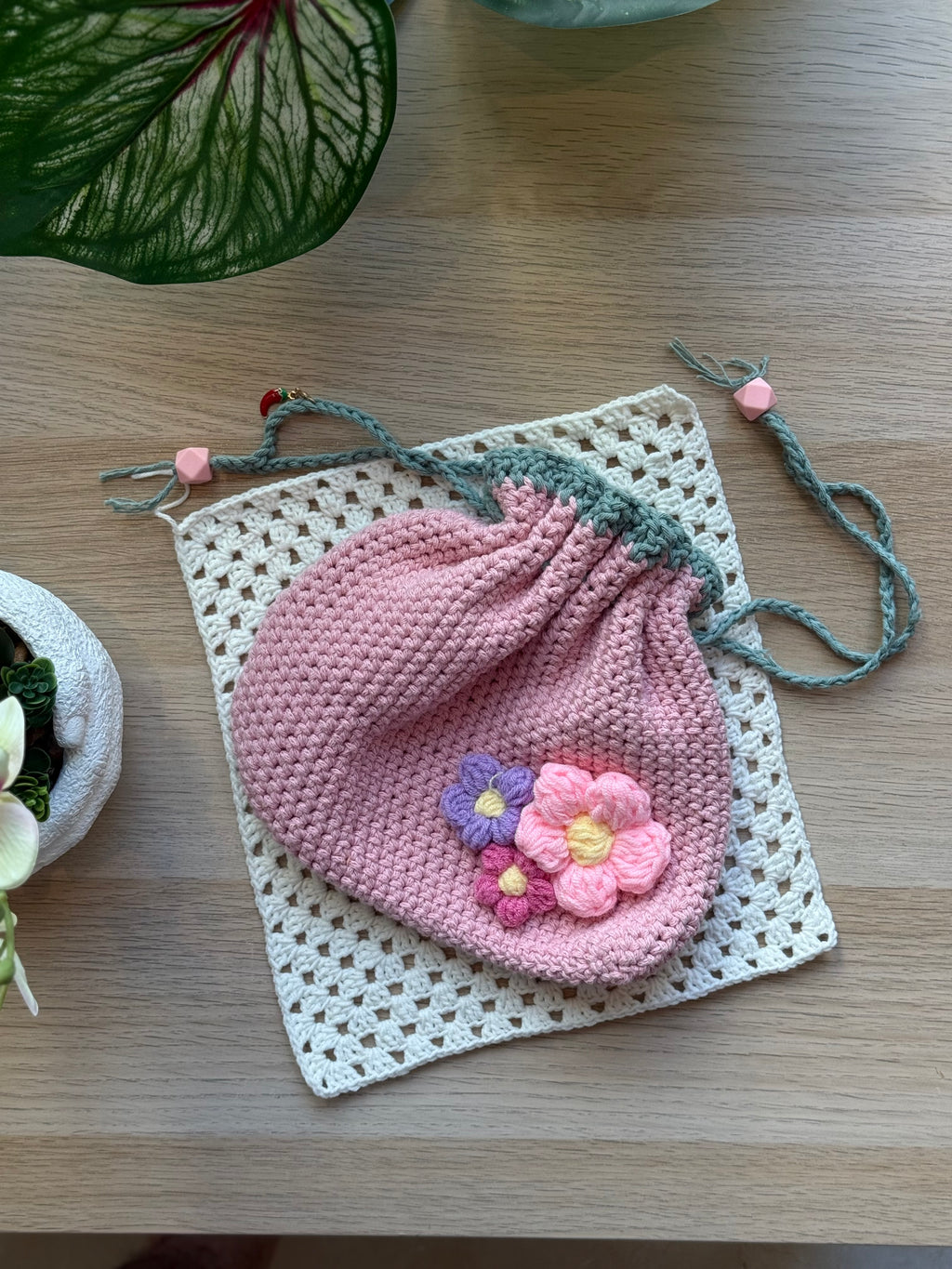 Pink Blossom Crochet Mini Bucket Bag