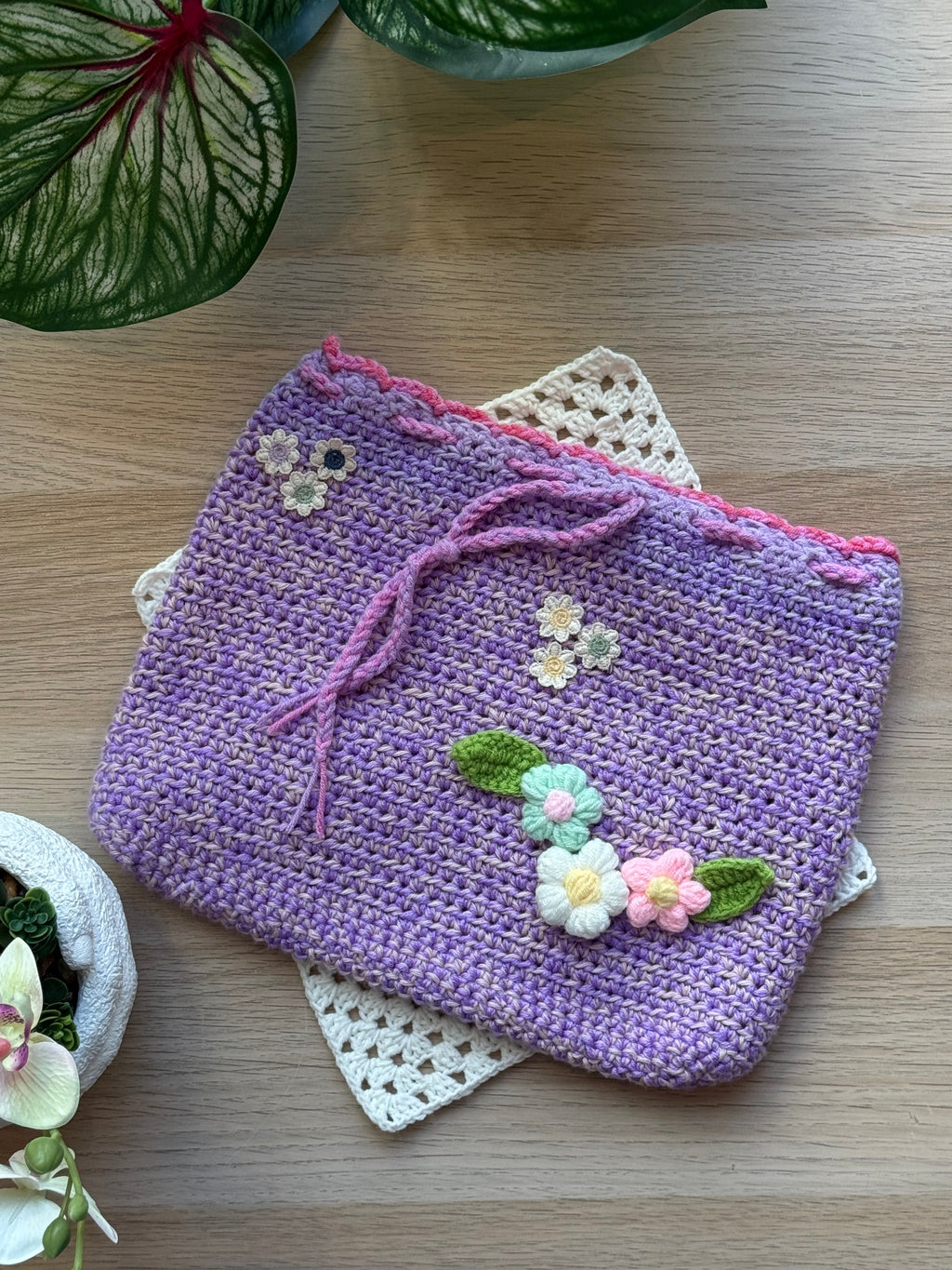 Lavender Bloom Crochet Drawstring Pouch
