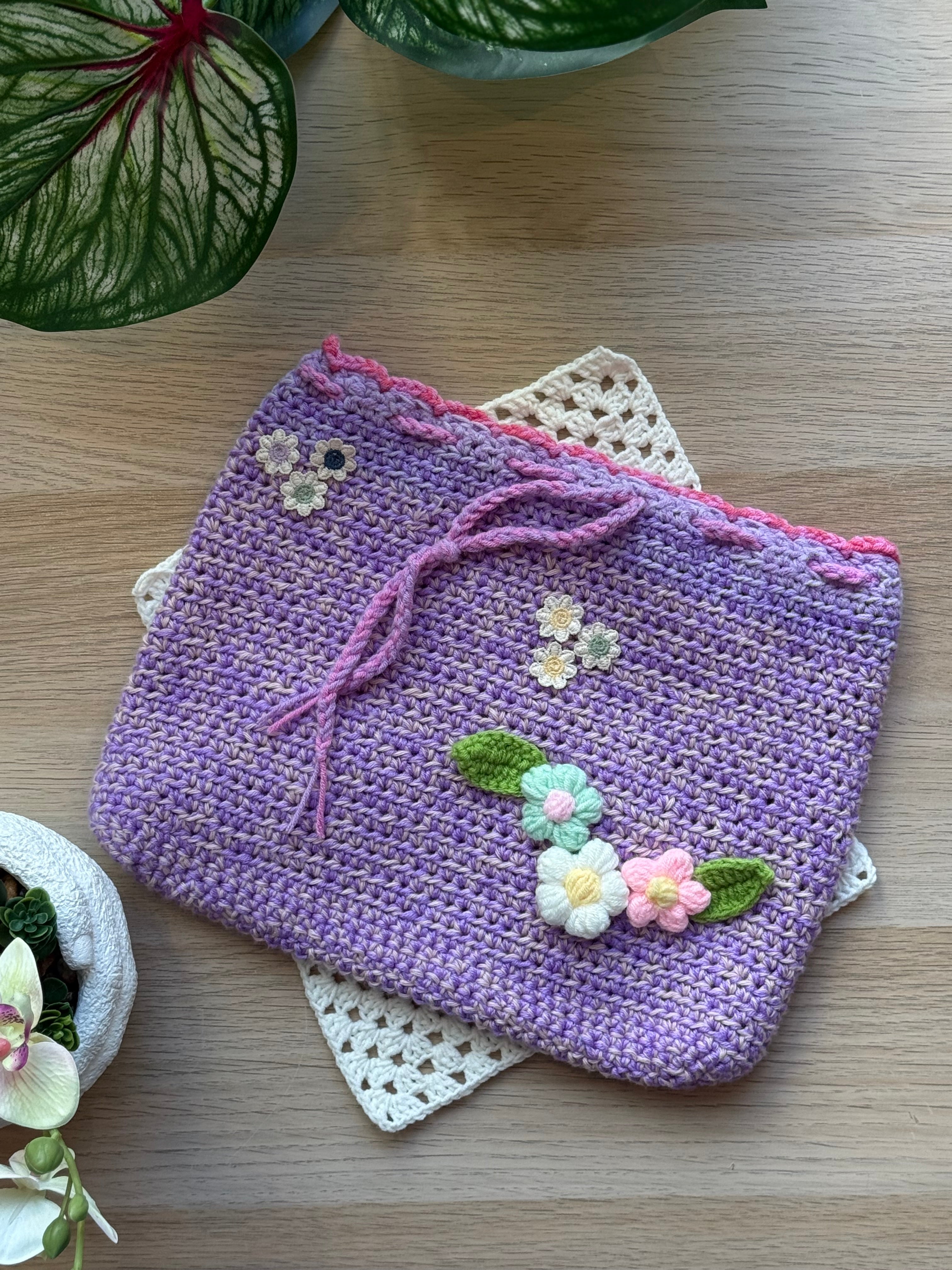 Lavender Bloom Crochet Drawstring Pouch