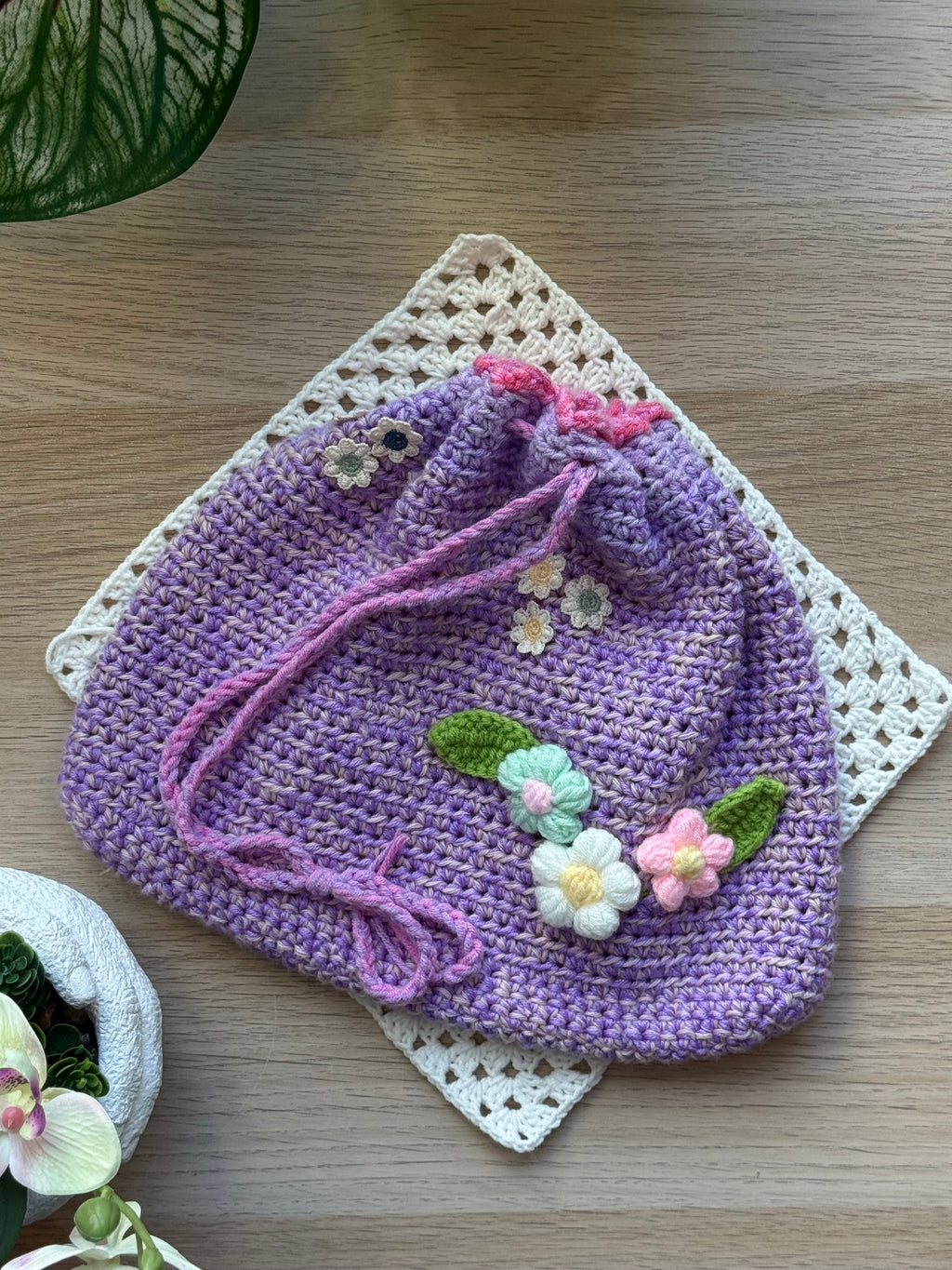 Lavender Bloom Crochet Drawstring Pouch