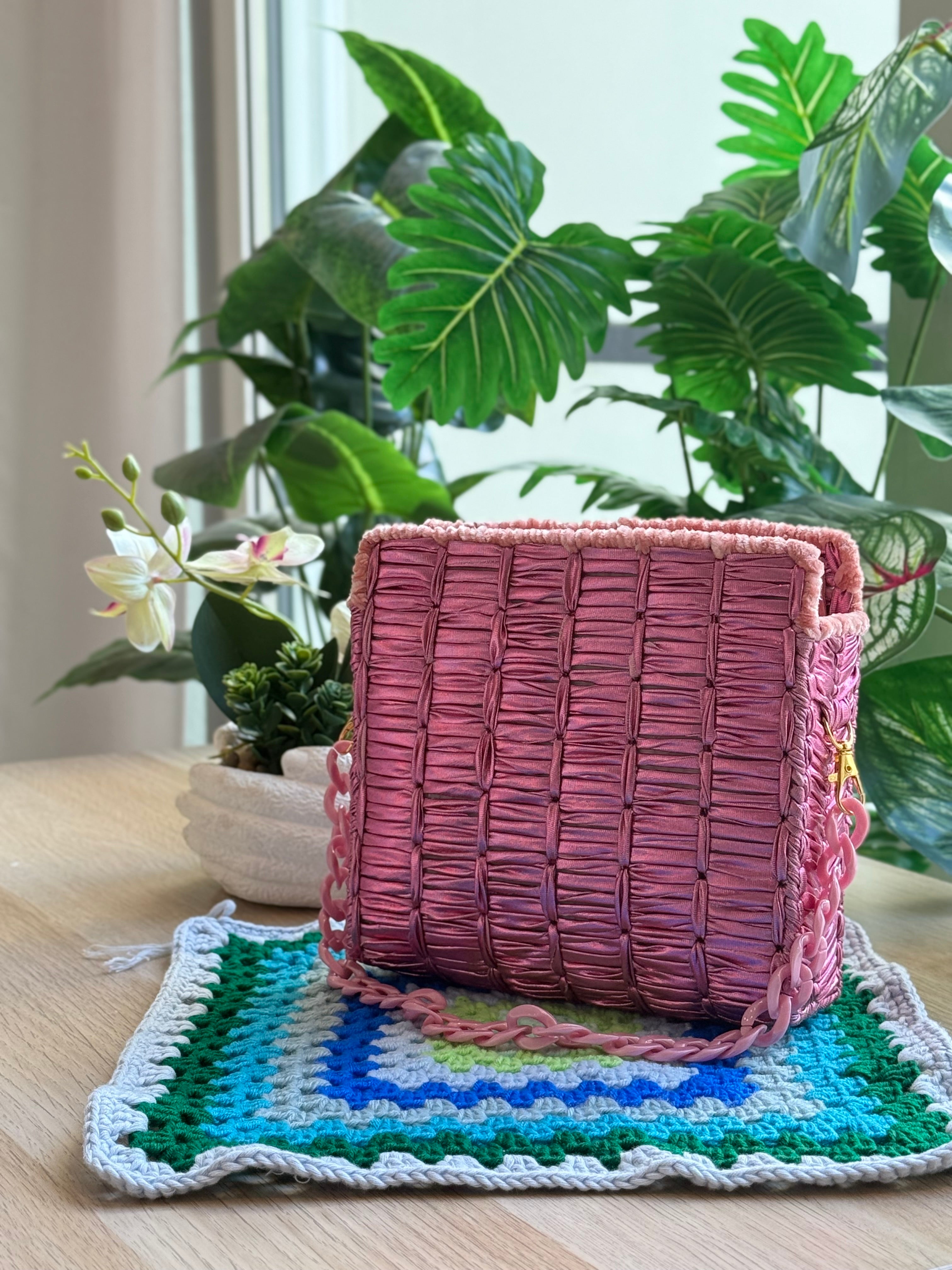 Rosé Woven Square Crochet Basket Bag