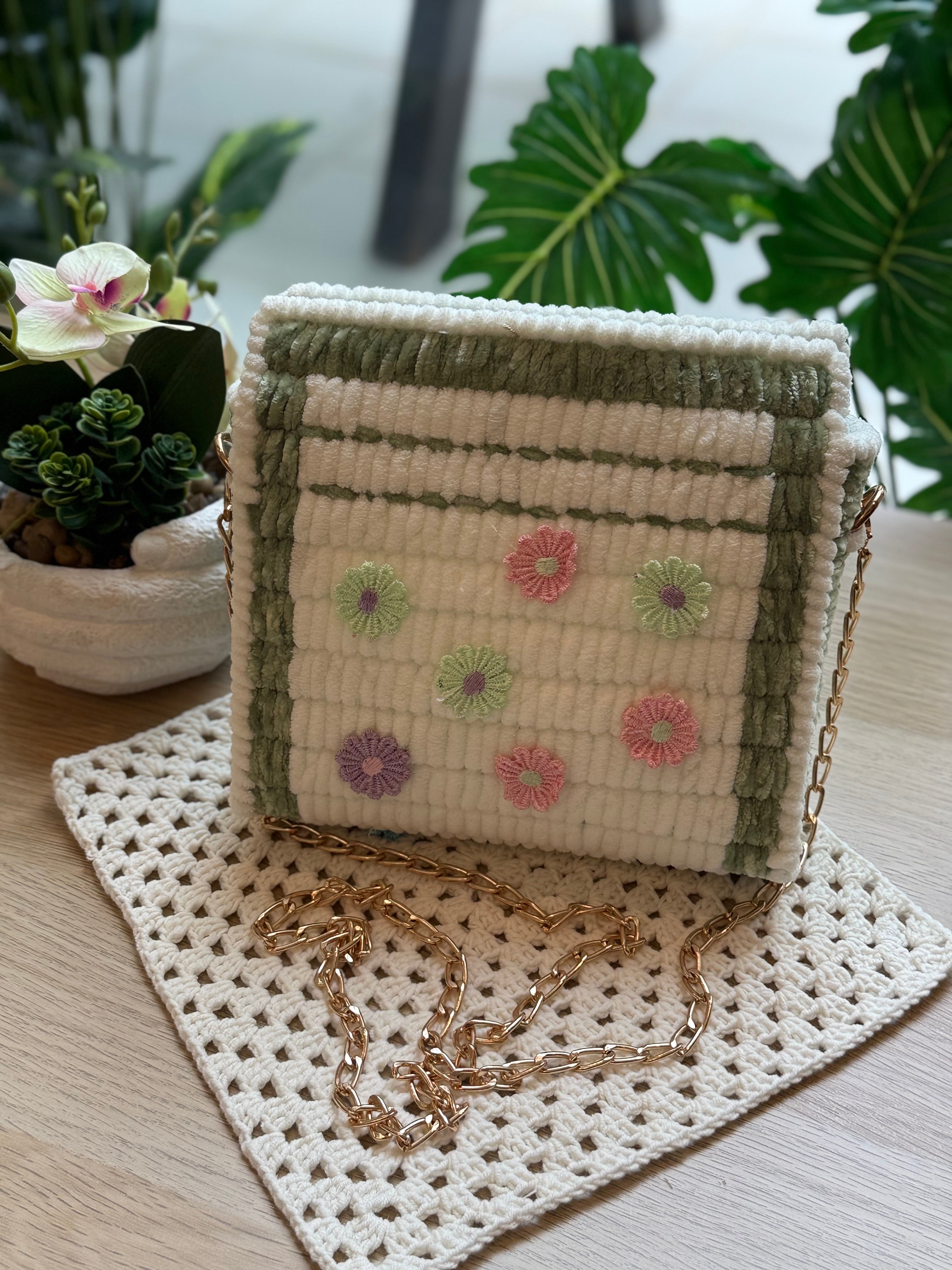 Sage Blossom Plush Crochet Sling Bag