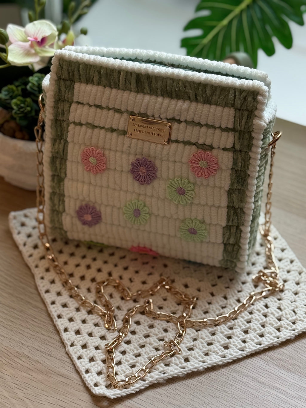 Sage Blossom Plush Crochet Sling Bag