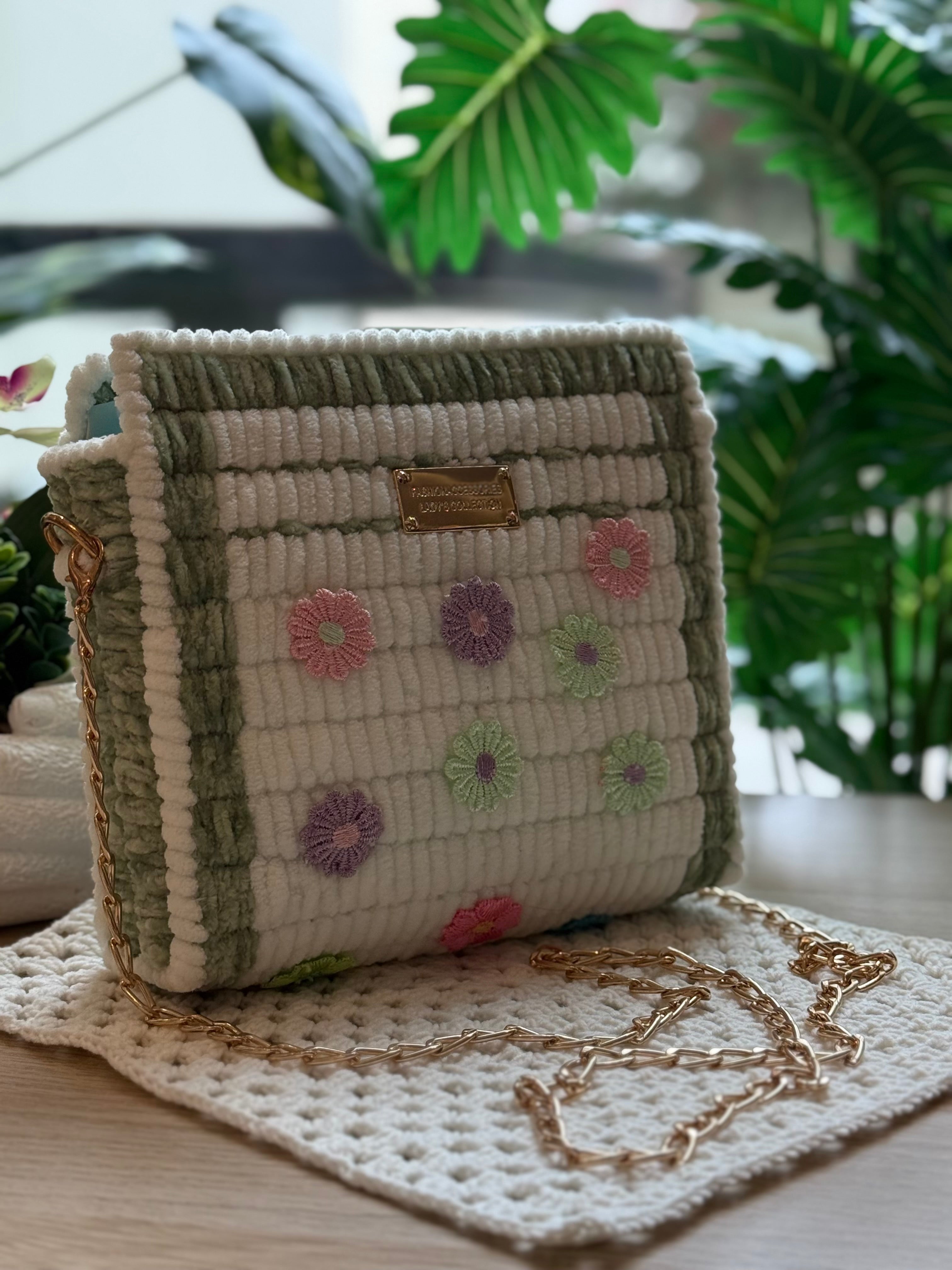 Sage Blossom Plush Crochet Sling Bag