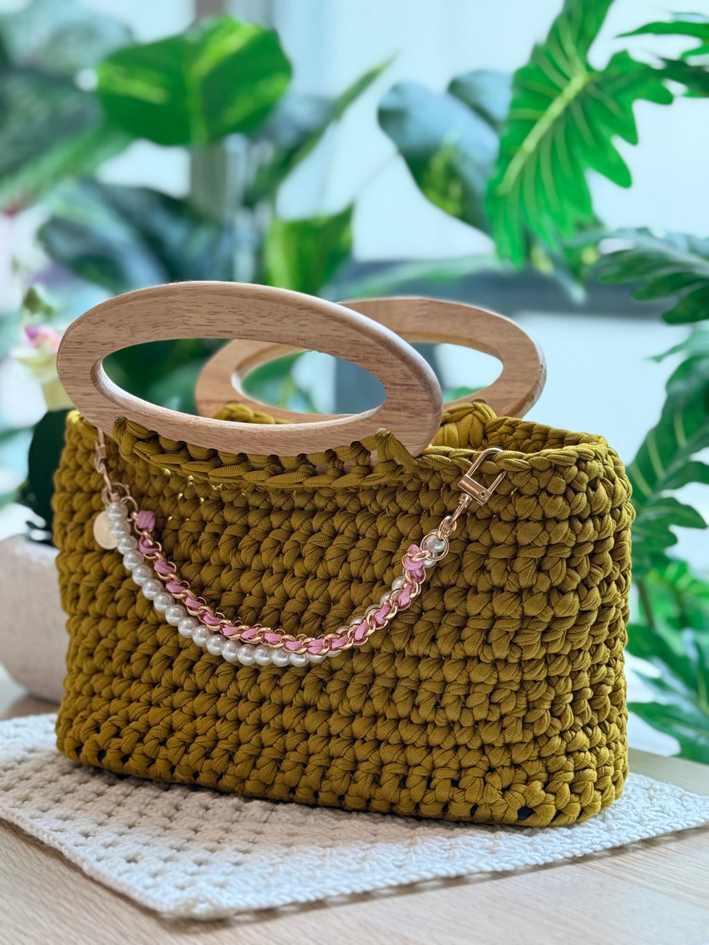 Olive Pearl Crochet Mini Tote